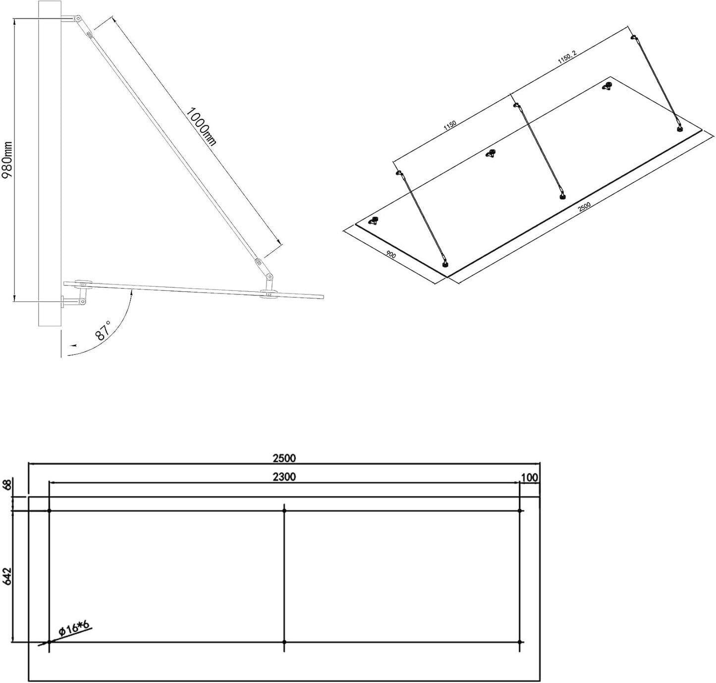 marquise de porte en verre 200x75cm