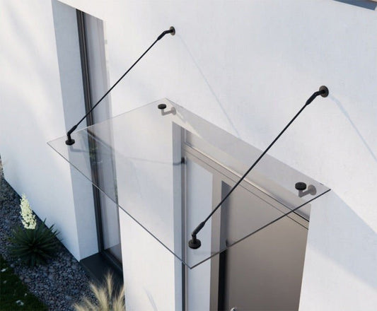 marquise verre trempé Door 200x90cm support noir 4 trous de fixations