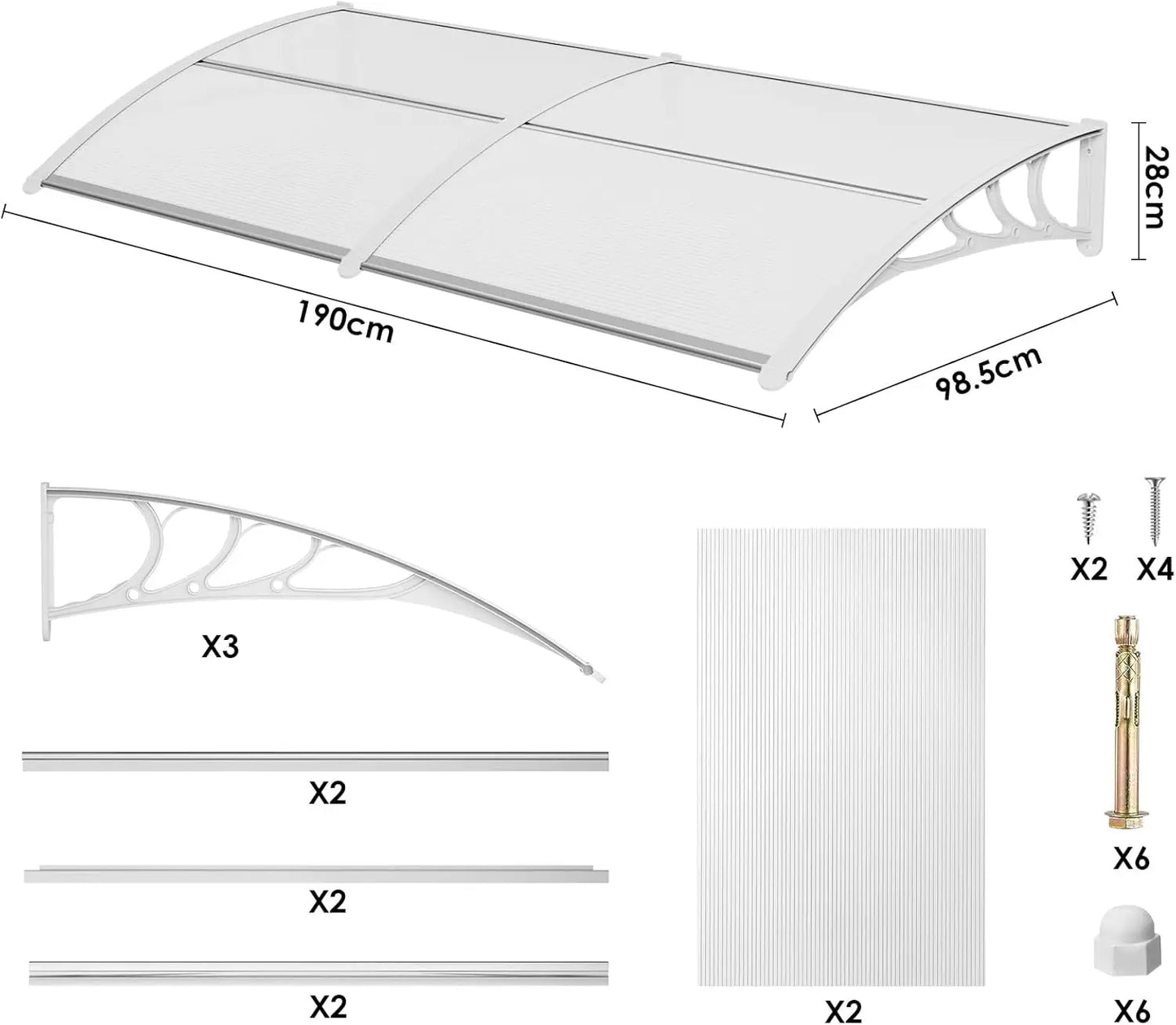 marquise de porte blanche 190x100cm transparent en polycarbonate