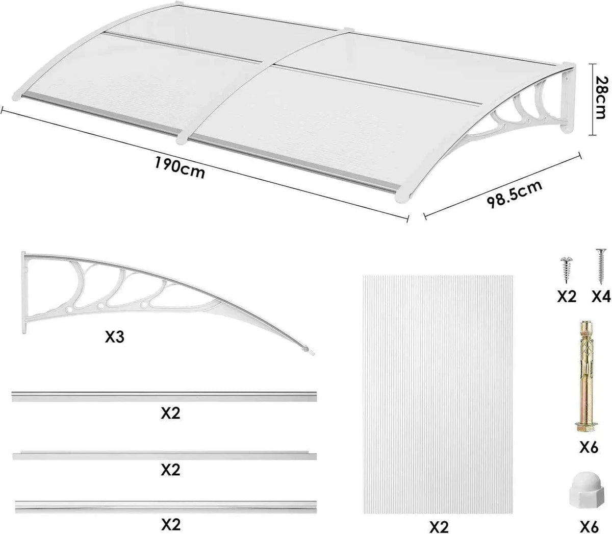 marquise de porte blanche 190x100cm transparent en polycarbonate