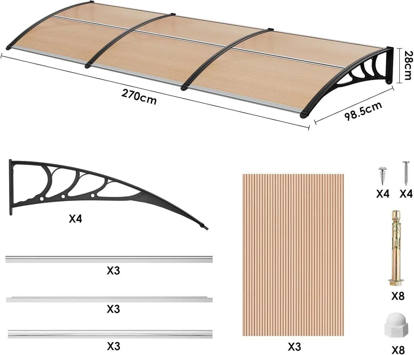 auvent de porte grande largeur 270x100cm brun et noir en polycarbonate