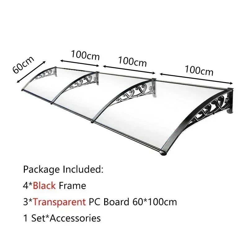 grande marquise de porte 300x60cm transparent et noir en polycarbonate