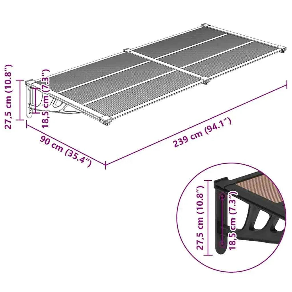 marquise auvent moderne 240x90cm marron et noir en polycarbonate