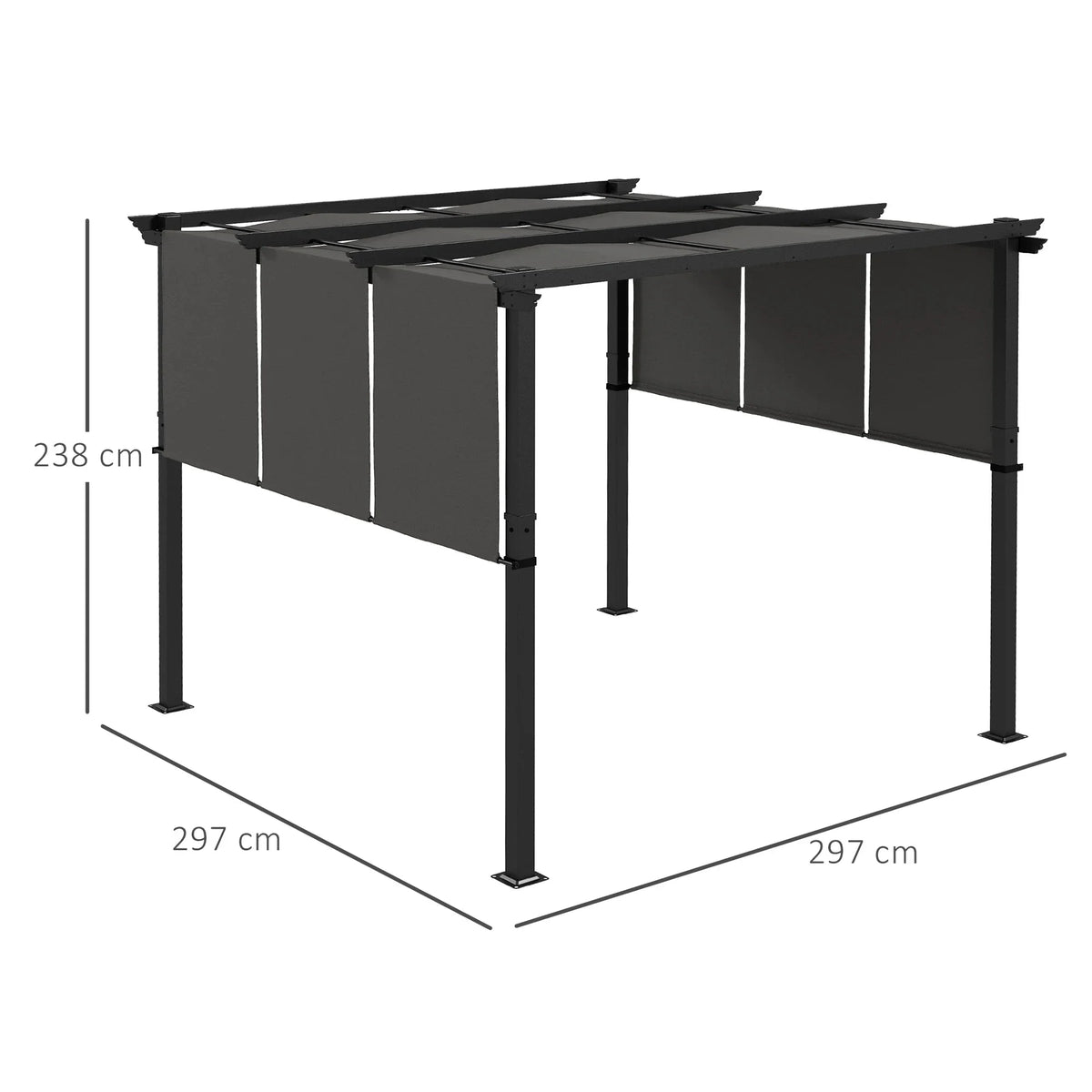 Pergola avec 3 toiles coulissantes 3L x 3l m métal époxy toile grise