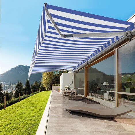 store banne sans coffre 300 x 250 cm manuel Rétractable Bleu et Blanc