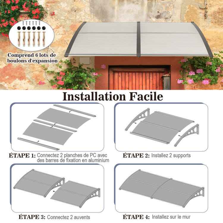 auvent de porte marquise 80x60cm transparent noir en polycarbonate
