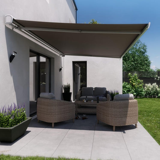 store banne motorisé 5x3 blanc, toile polyester taupe