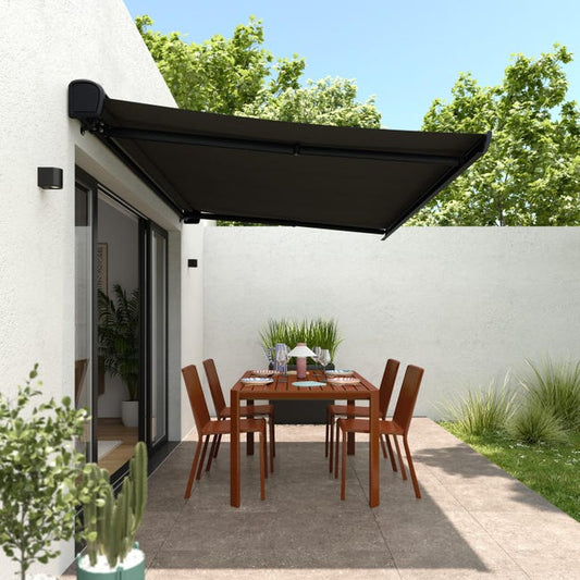 store banne 4x3 motorise, toile polyester gris