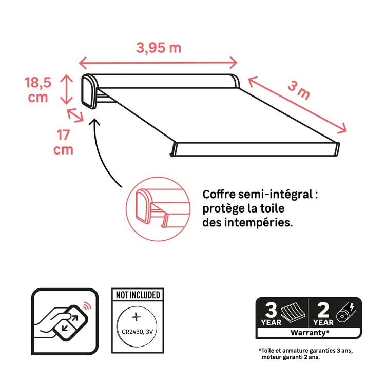 store banne motorisé 4x3 avec télécommande blanc, toile polyester taupe