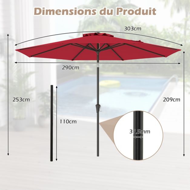 Parasol rouge inclinable Ø 2,7 m 8 baleines – Pour terrasses et jardins
