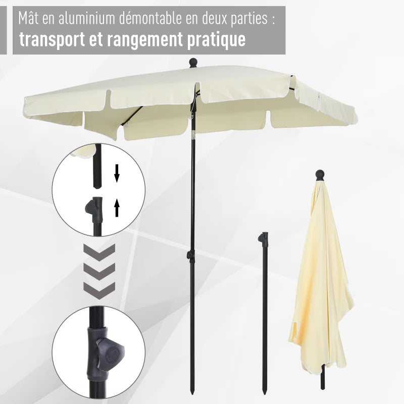 Parasol de jardin droit rectangulaire inclinable 2 x 1,3 m beige clair