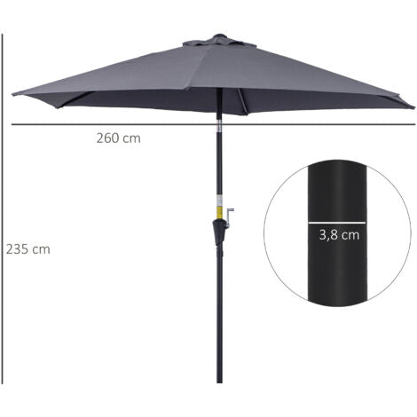 Parasol droit inclinable 2,6m en aluminium démontable – Tissu polyester imperméabilisé 180g/m²