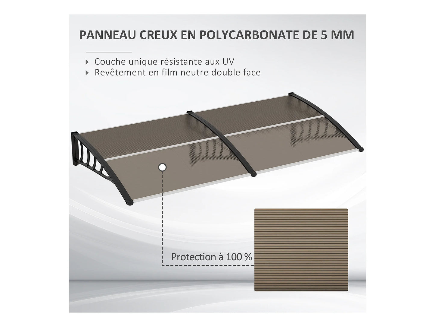 auvent de porte grande largeur 270x100cm brun et noir en polycarbonate