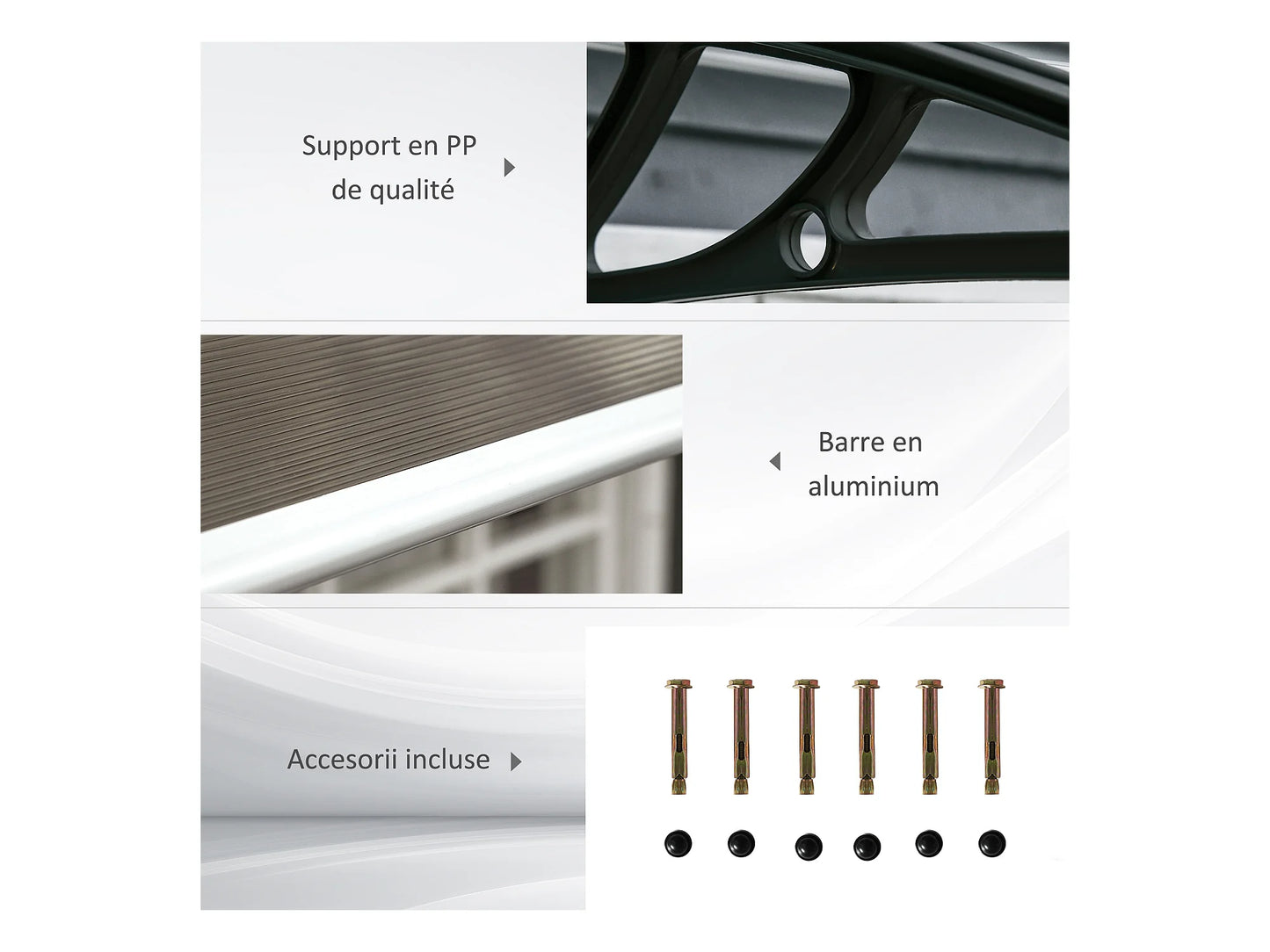 auvent de porte grande largeur 270x100cm brun et noir en polycarbonate