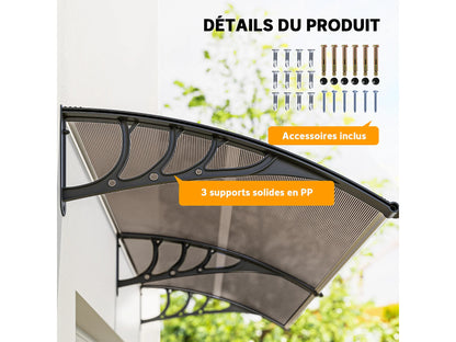 auvent de porte grande largeur 270x100cm brun et noir en polycarbonate