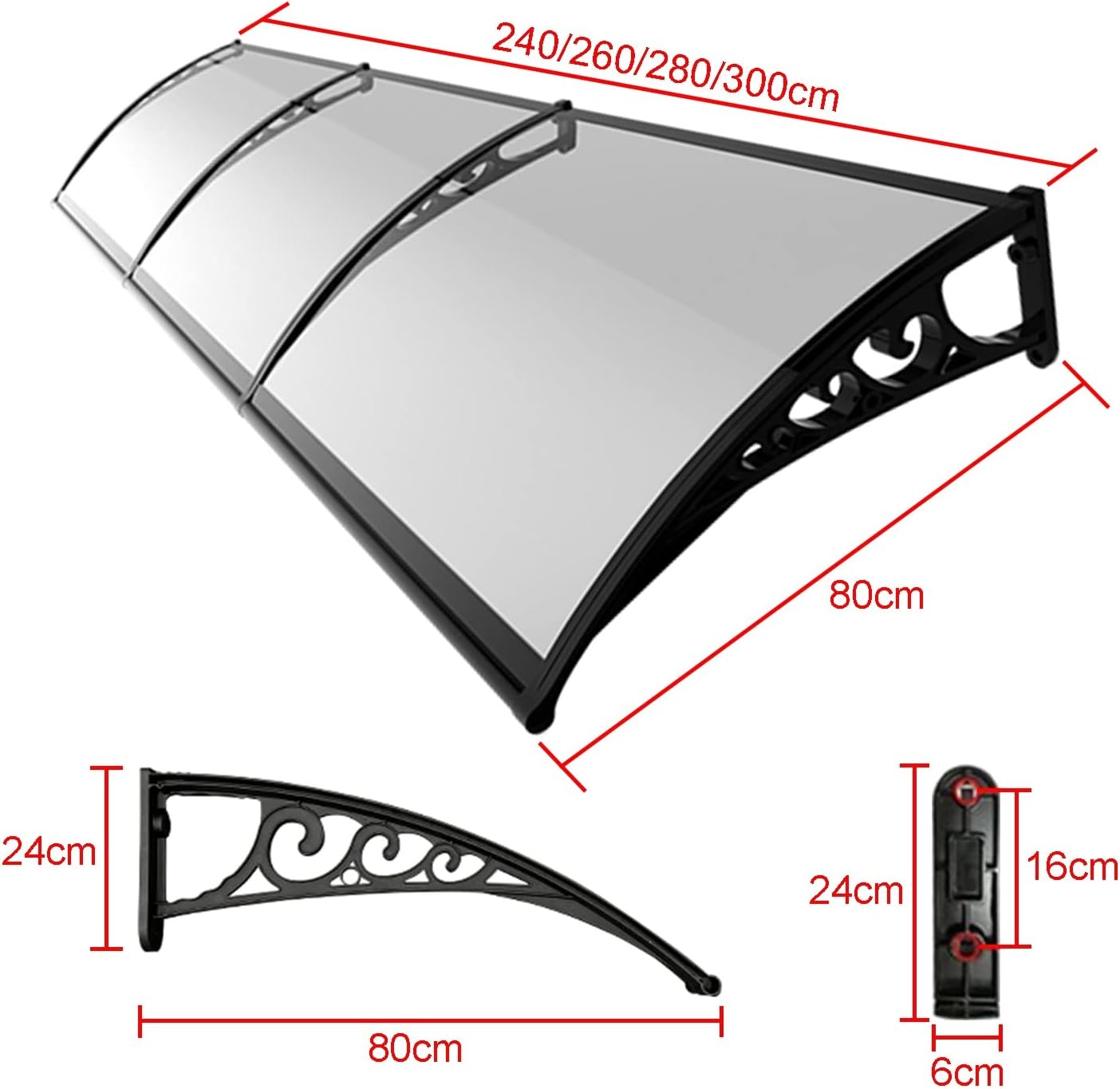 marquise de porte en aluminium 240x60cm transparent et noir en polycarbonate