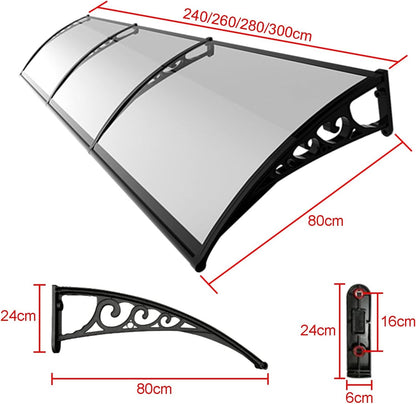 marquise de porte en aluminium 240x60cm transparent et noir en polycarbonate