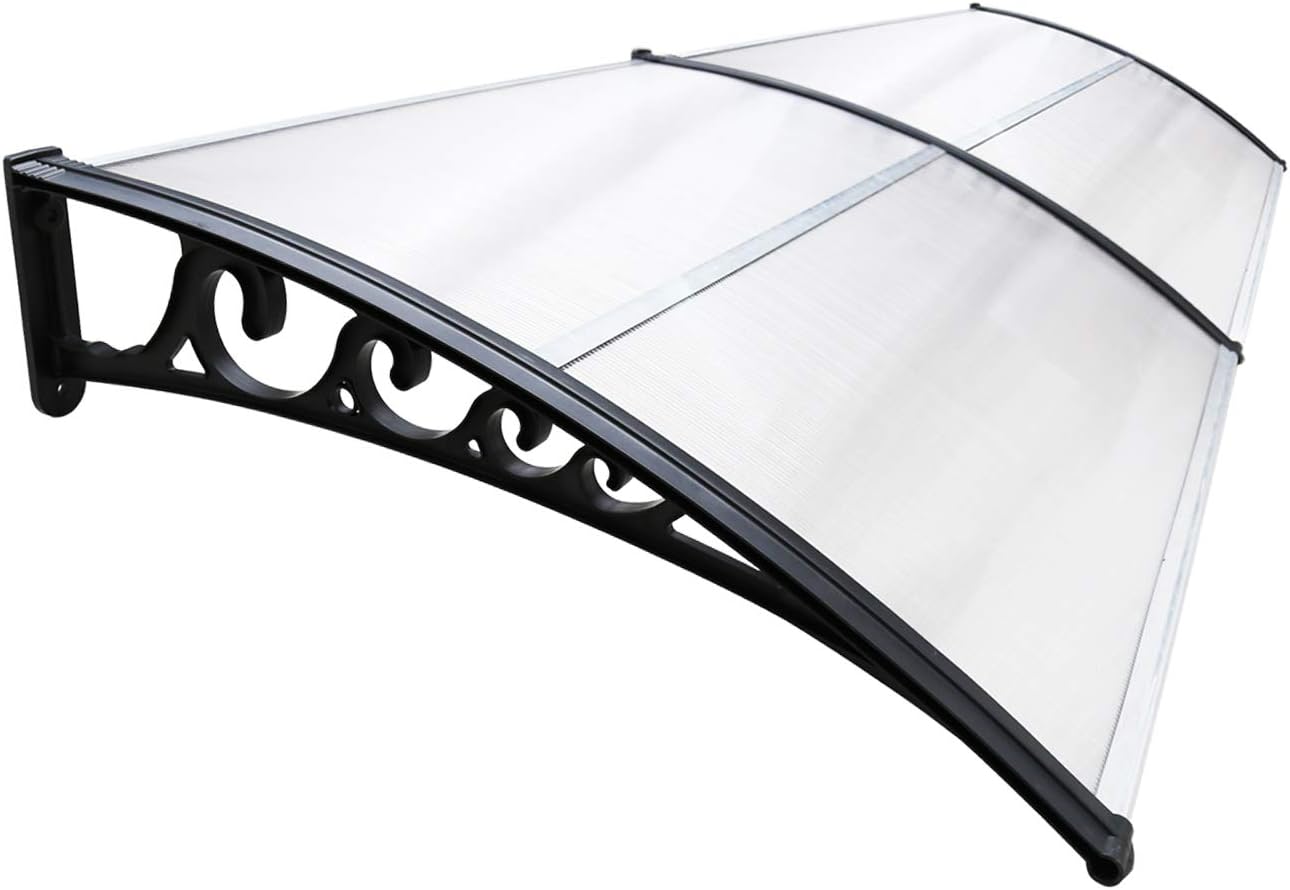 marquise de porte en aluminium 240x60cm transparent et noir en polycarbonate