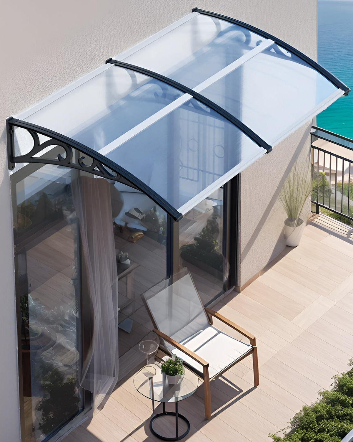 marquise de porte blanc 200x60cm transparent en polycarbonate