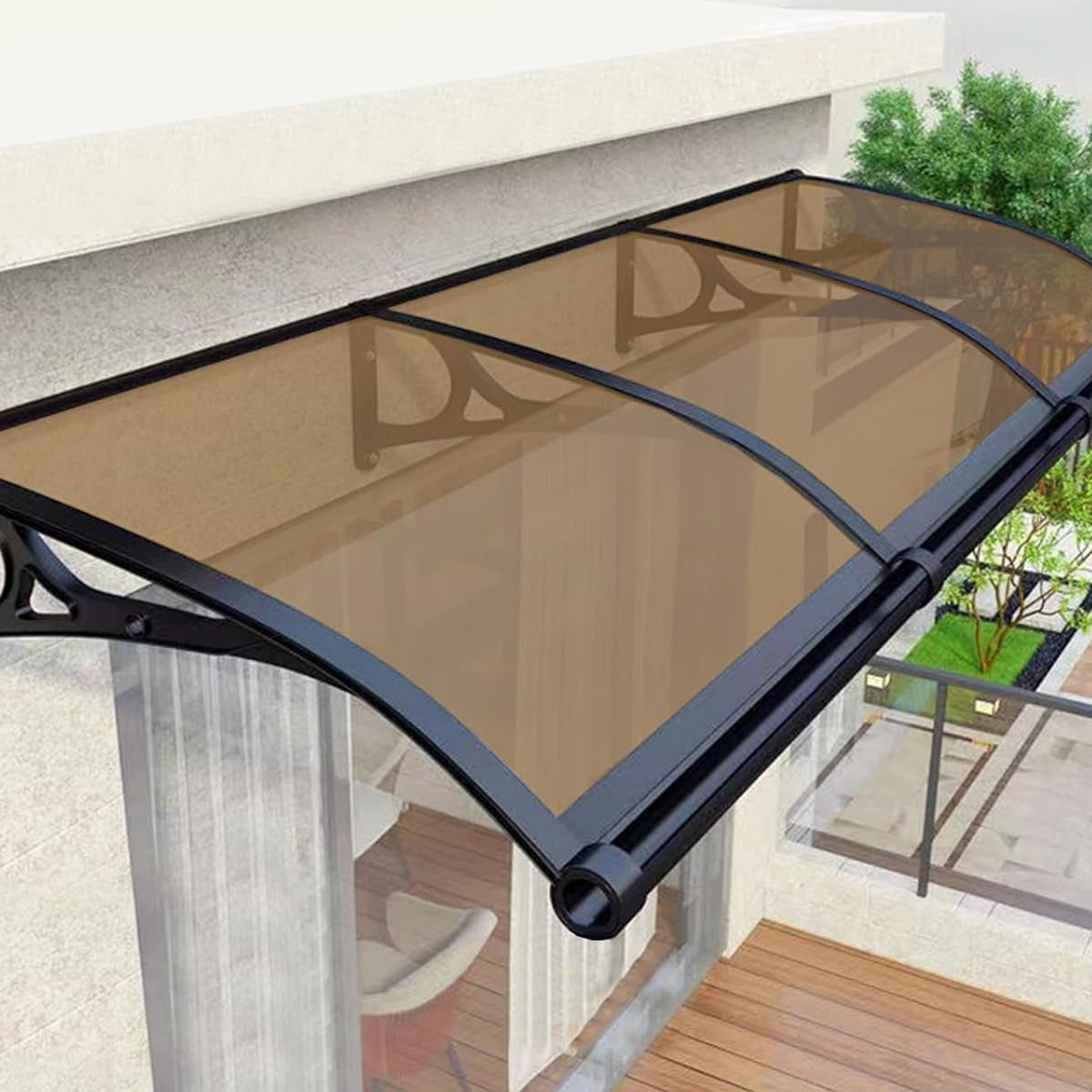 auvent de porte marquise 240x60cm transparent marron en polycarbonate
