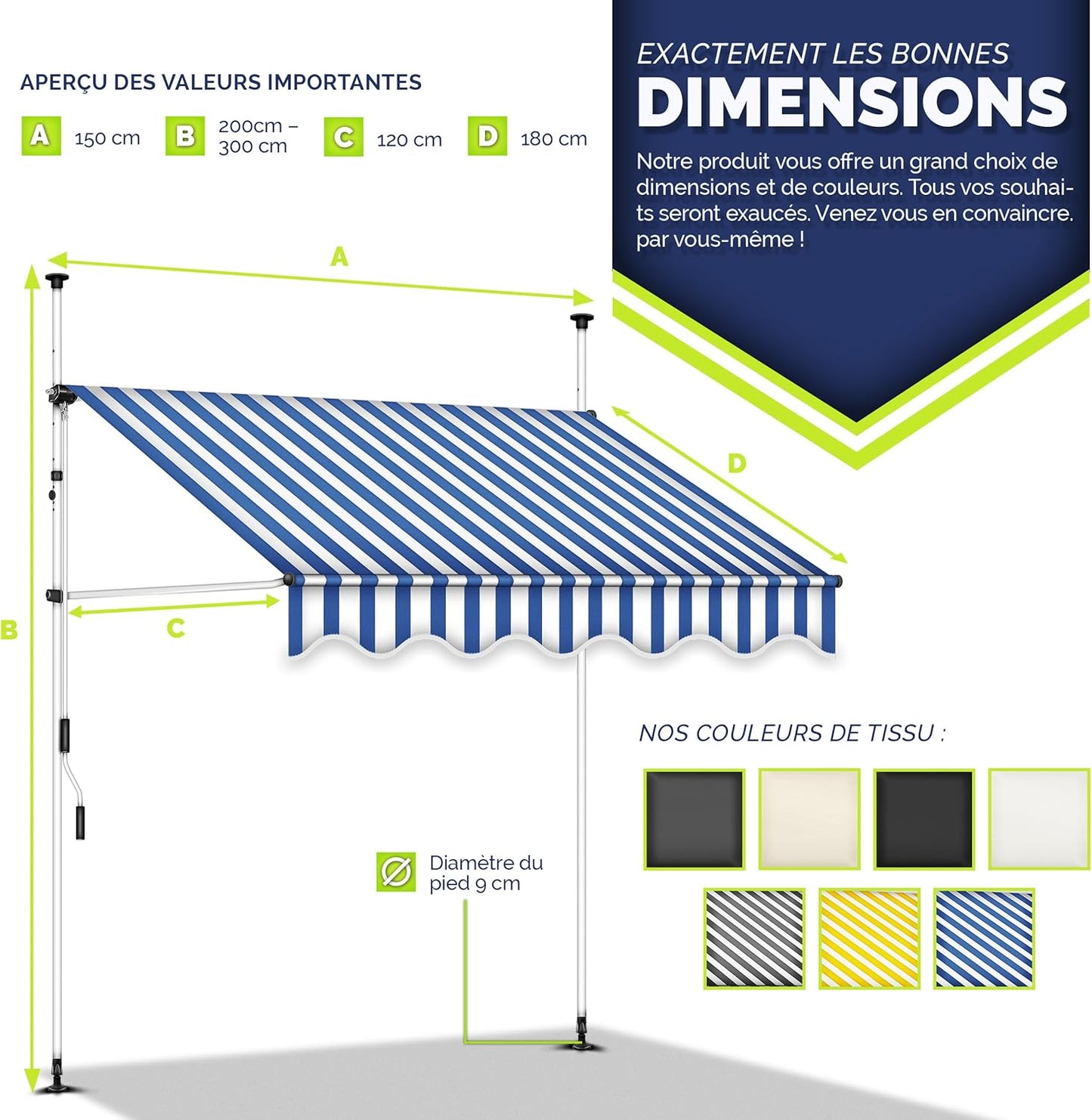 auvents terrasse 200x120cm blanc et bleu en tissu waterproof