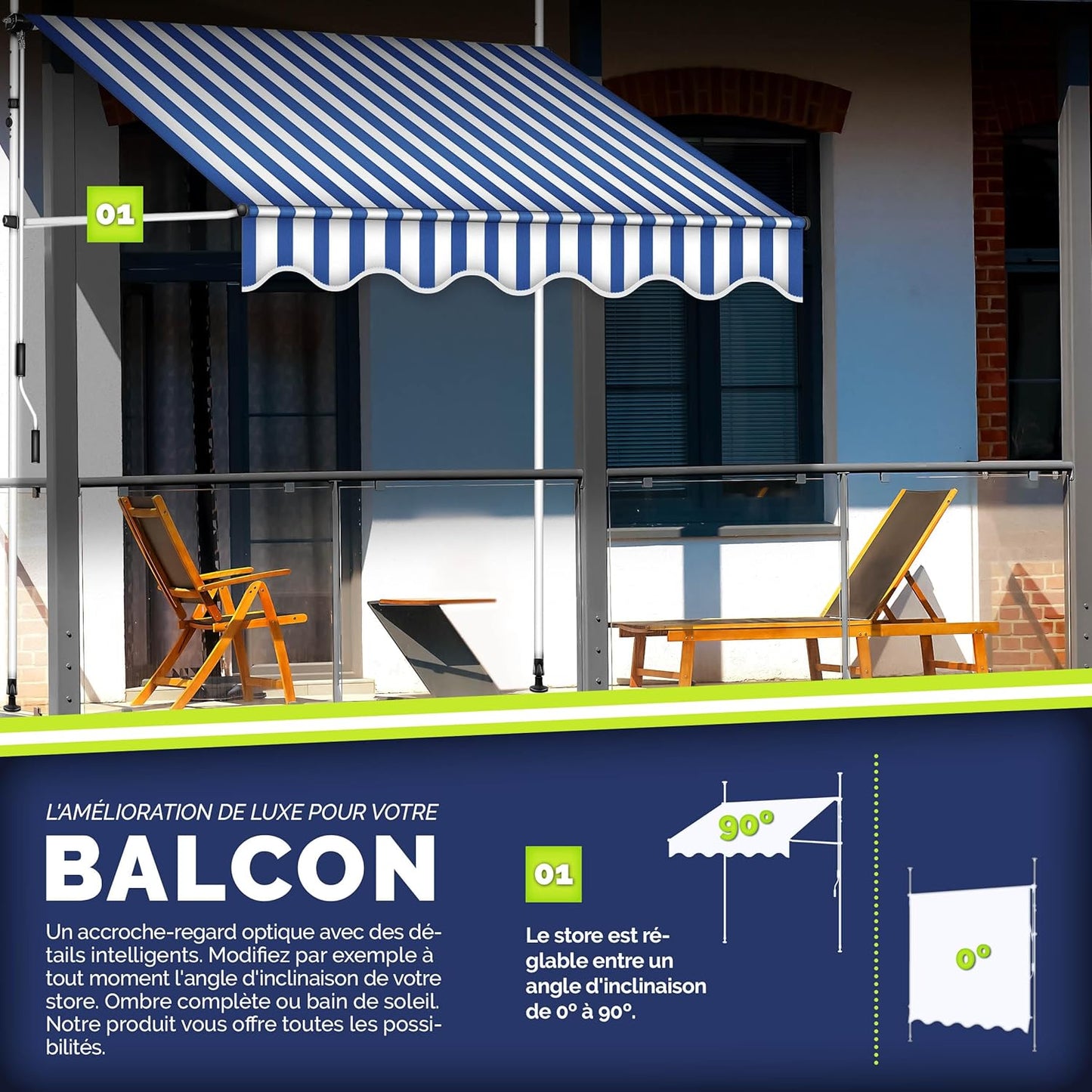 auvents terrasse 200x120cm blanc et bleu en tissu waterproof