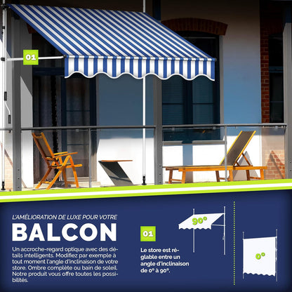 auvents terrasse 200x120cm blanc et bleu en tissu waterproof