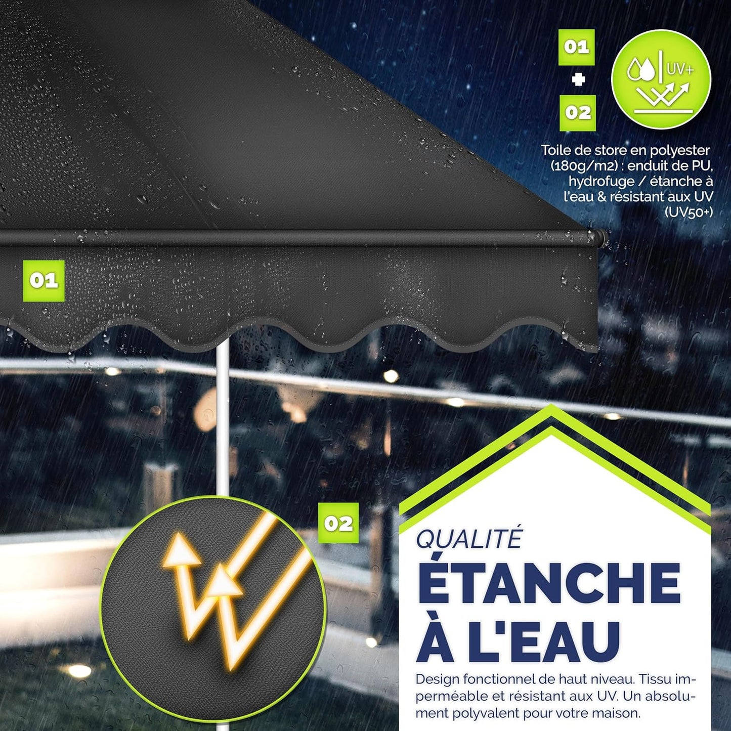 auvent pour terrasse 200x120cm Noir imperméable