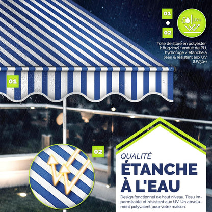 auvents terrasse 200x120cm blanc et bleu en tissu waterproof