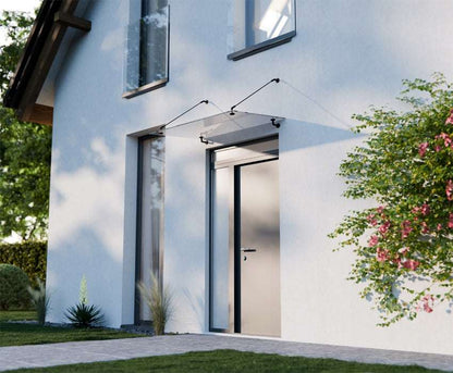 marquise verre trempé Door 200x90cm support noir 4 trous de fixations