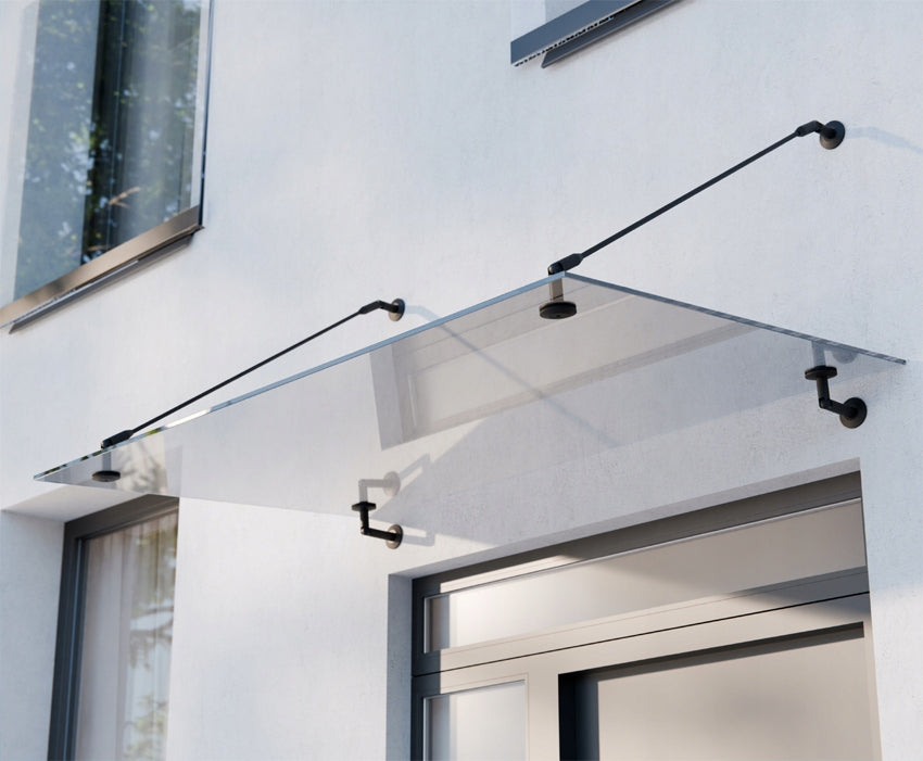 marquise verre trempé Door 200x90cm support noir 4 trous de fixations