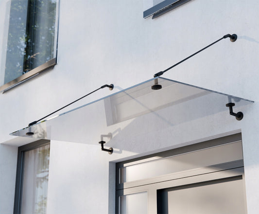 marquise verre trempé Door 200x90cm support noir 4 trous de fixations