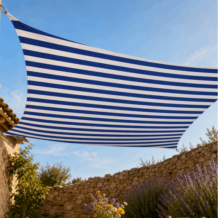 Voile d'ombrage trapeze bleu et blanc