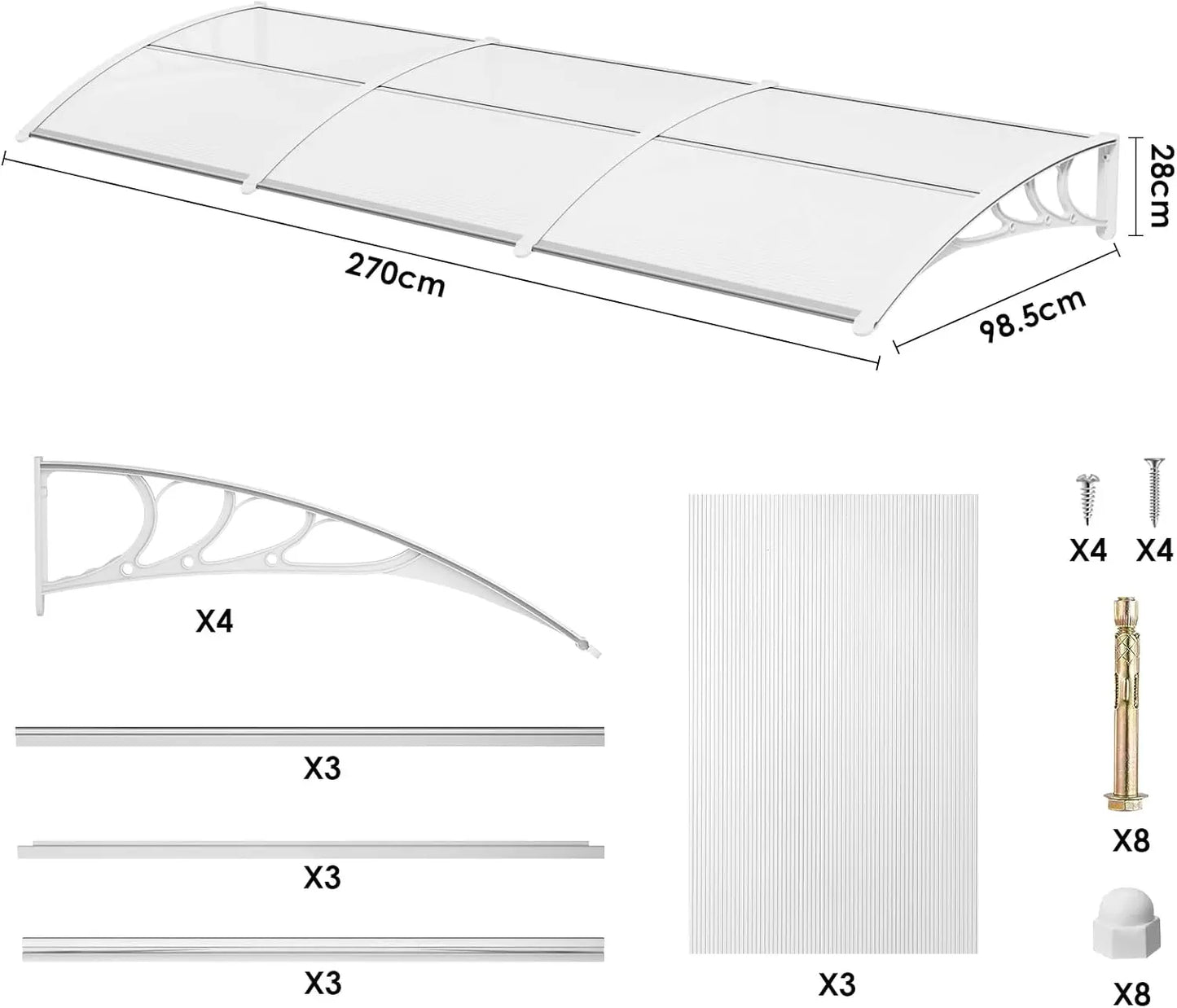marquise de porte blanche 270x100cm transparent en polycarbonate