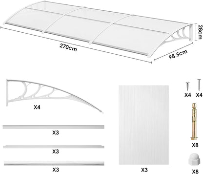 marquise de porte blanche 270x100cm transparent en polycarbonate