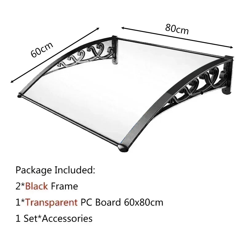 auvent de porte marquise 80x60cm transparent noir en polycarbonate