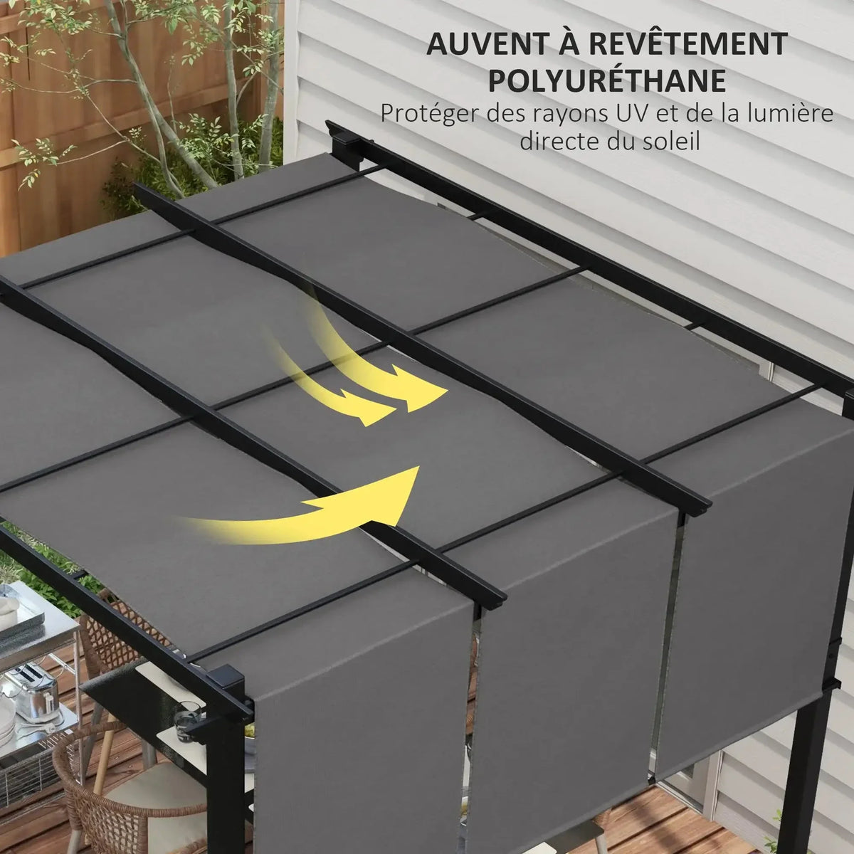 Pergola avec 3 toiles coulissantes 3L x 3l m métal époxy toile grise