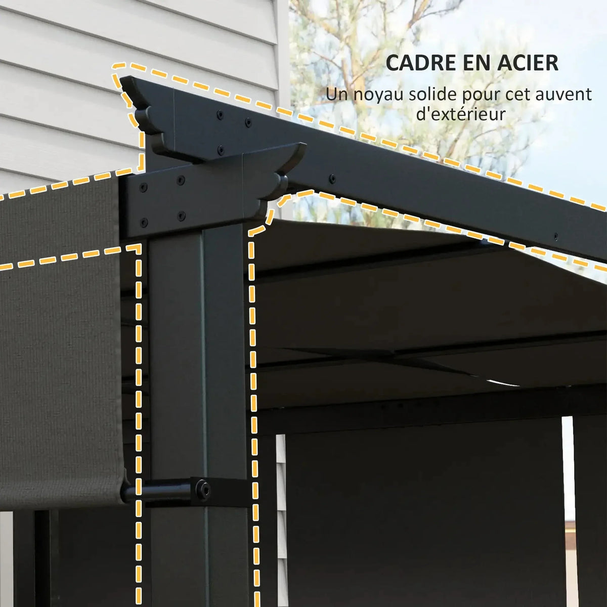 Pergola avec 3 toiles coulissantes 3L x 3l m métal époxy toile grise