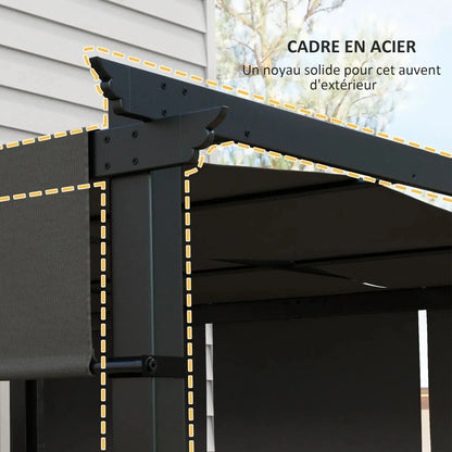 Pergola avec 3 toiles coulissantes 3L x 3l m métal époxy toile grise