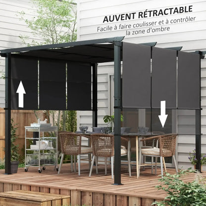 Pergola avec 3 toiles coulissantes 3L x 3l m métal époxy toile grise