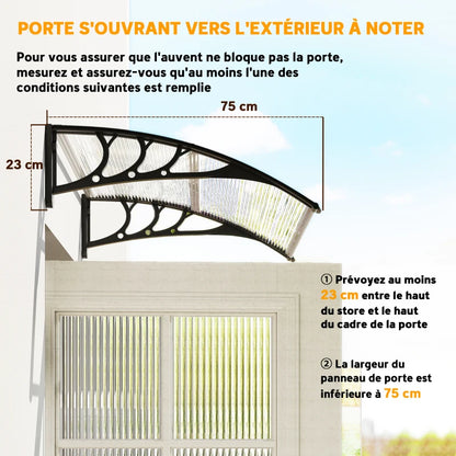 marquise de porte blanc 200x60cm transparent en polycarbonate