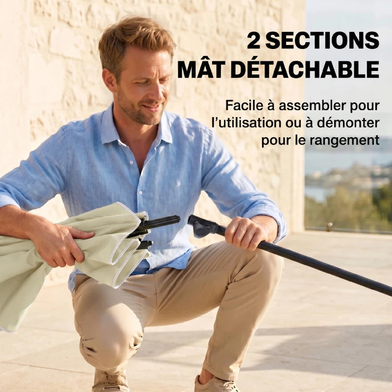 Parasol de jardin droit rectangulaire inclinable 2 x 1,3 m beige clair