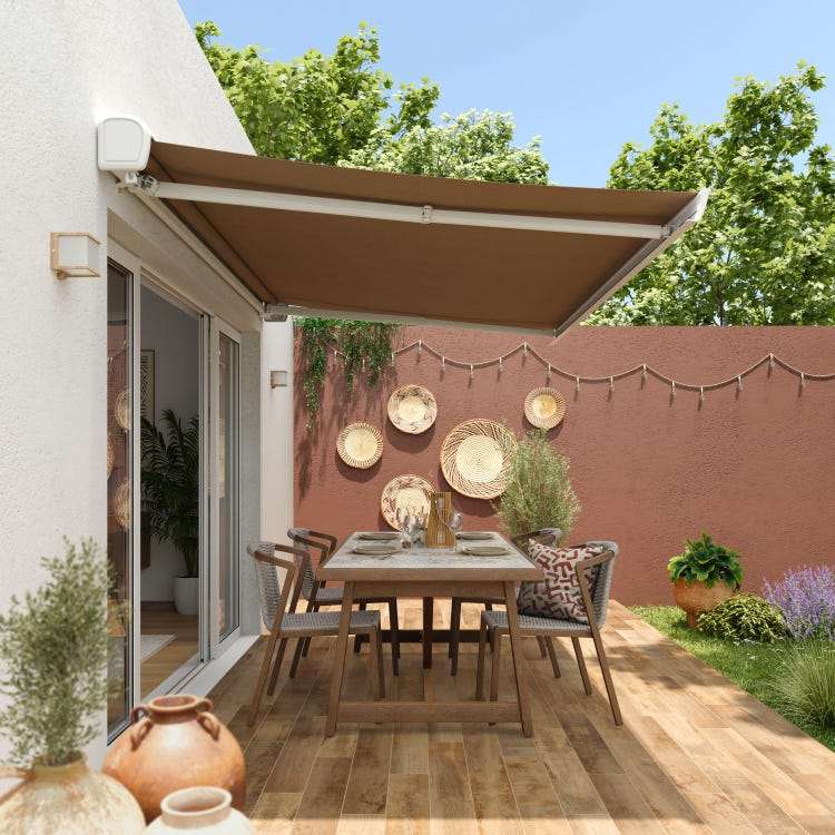 store banne motorisé 4x3 avec télécommande blanc, toile polyester taupe