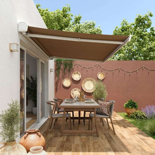 store banne motorisé 4x3 avec télécommande blanc, toile polyester taupe