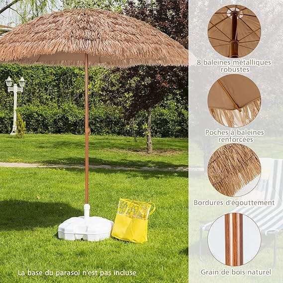 Parasol de Jardin de Paille 205Dx222H cm, Bord Drapé