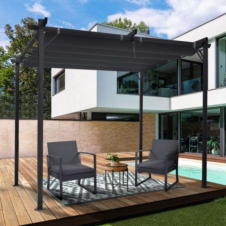 Pergola avec 3 toiles coulissantes 3L x 3l m métal époxy toile grise