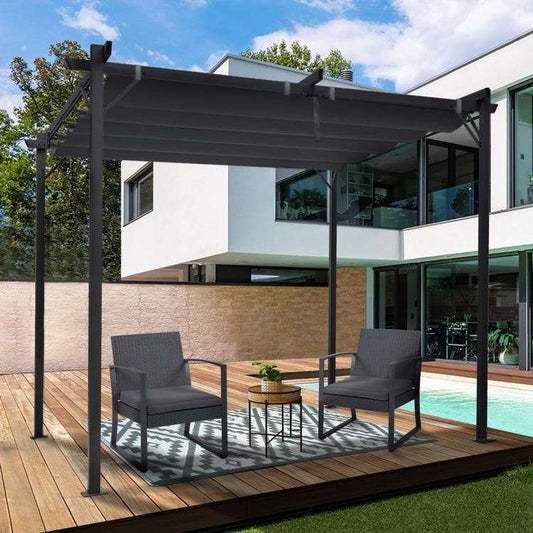 Pergola avec 3 toiles coulissantes 3L x 3l m métal époxy toile grise