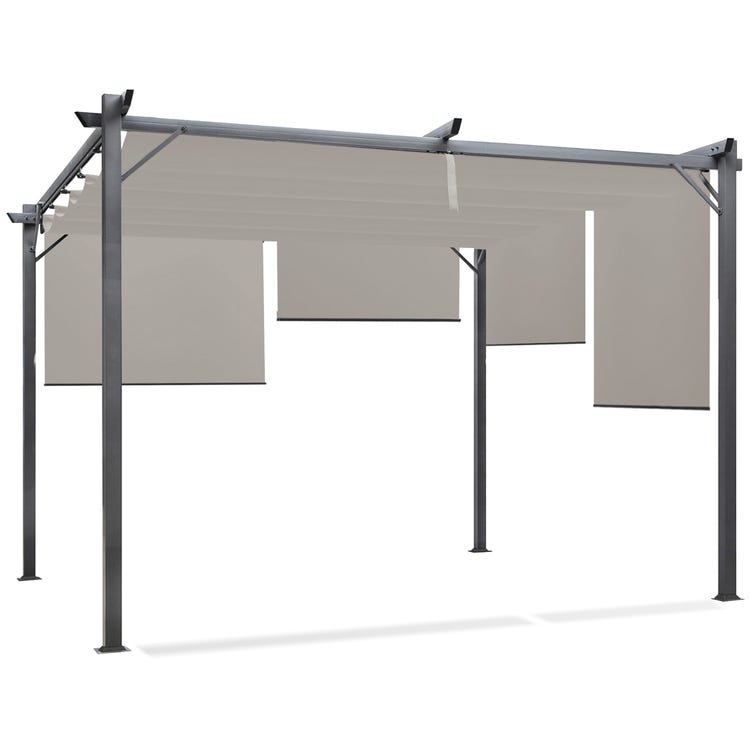 Pergola avec 3 toiles coulissantes 3L x 3l m métal époxy toile grise