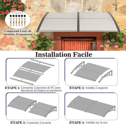 auvent de porte marquise 80x60cm transparent noir en polycarbonate