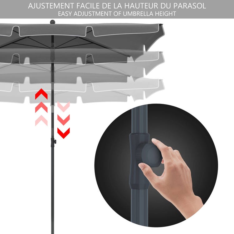 Parasol inclinable rectangulaire 2x1.25m avec housse de protection gris